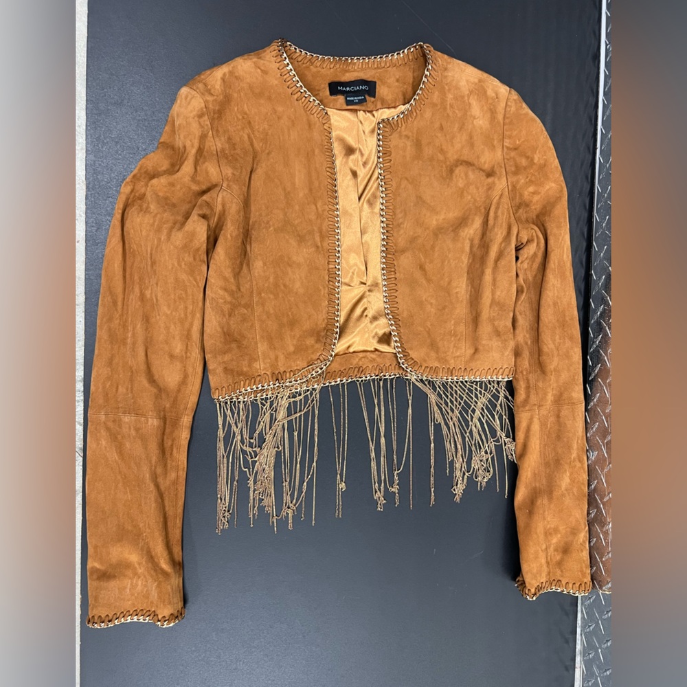 Short sexy cognac suede leather Cowgirl jacket chains fringed